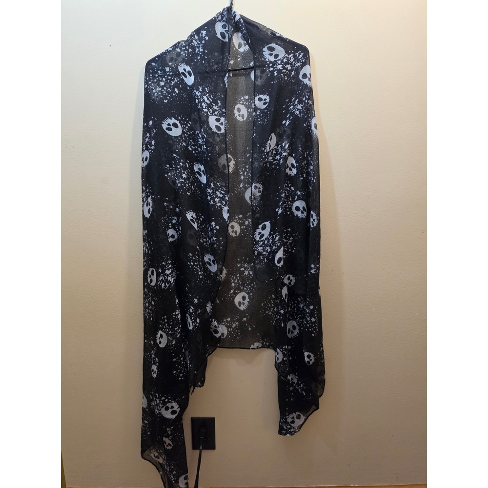 Black Skull Print Sheer Scarf Gothic Punk Lightweight Wrap Rectangle Shawl